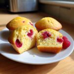 Close-up of Lemon Raspberry Muffins, one cut in half showing the bright red raspberries inside the fluffy yellow cake.
