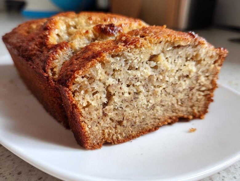 Close-up of two slices of moist, golden-brown Banana Bread served on a white plate.