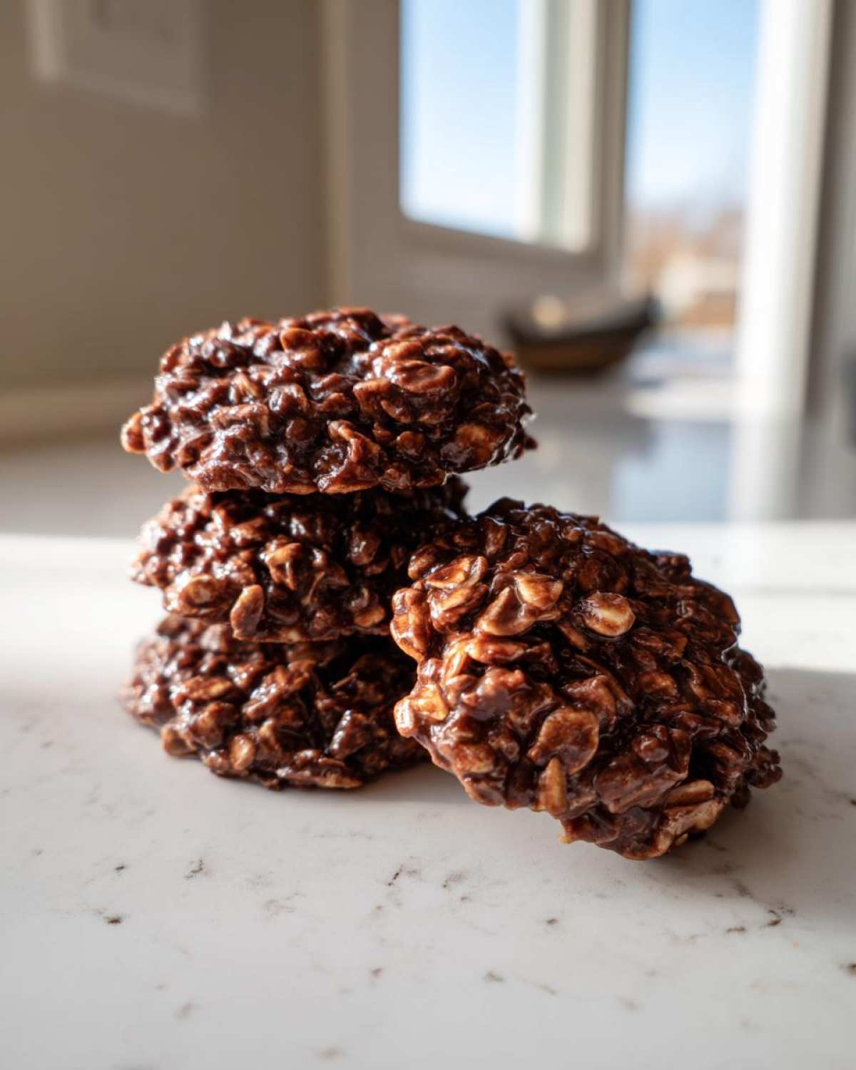 A stack of rich, fudgy No-Bake Chocolate Oatmeal Cookies resting on a white countertop.