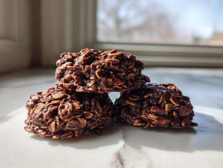 Close-up of three rich, fudgy No-Bake Chocolate Oatmeal Cookies stacked on a white marble surface.
