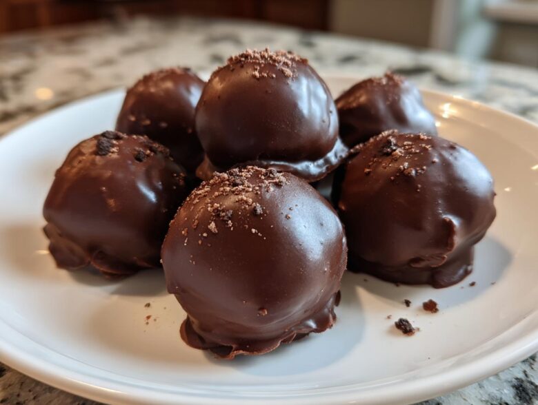 A plate holding six rich, chocolate-covered No-Bake Oreo Bites, sprinkled with dark crumbs.