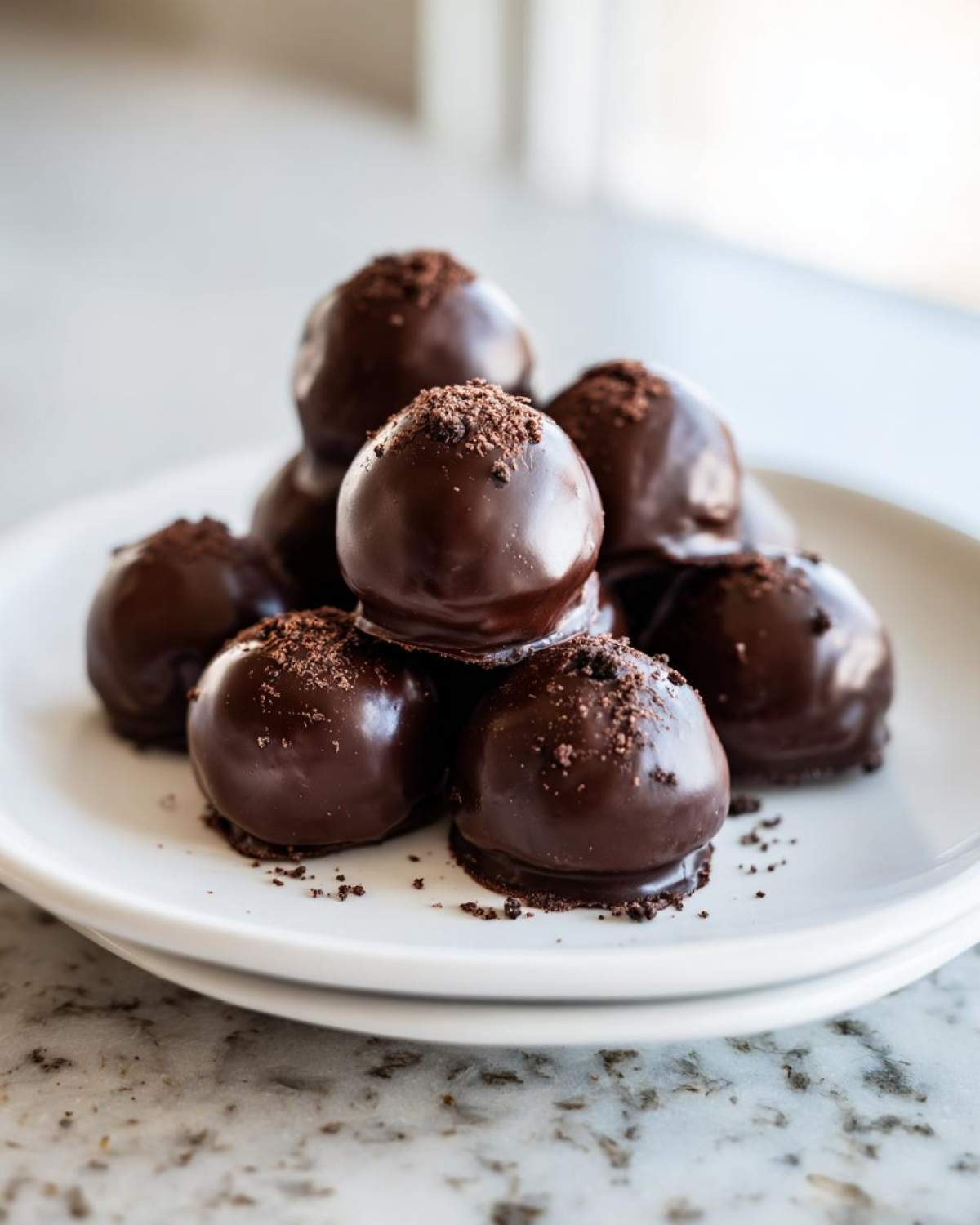 A stack of rich, chocolate-dipped No-Bake Oreo Bites topped with cookie crumbs on a white plate.