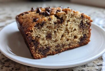Close-up of a moist slice of One-Bowl Banana Bread with Chocolate Chips showing the crumb texture and melted chips.
