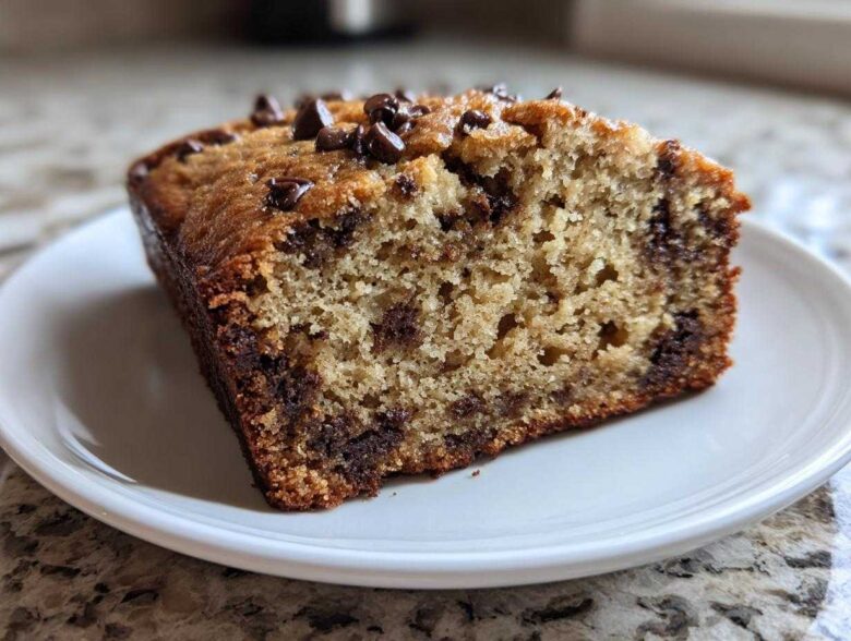 Close-up of a moist slice of One-Bowl Banana Bread with Chocolate Chips showing the crumb texture and melted chips.