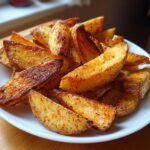 A close-up of golden brown, seasoned Oven-Baked Potato Wedges piled high on a white plate.
