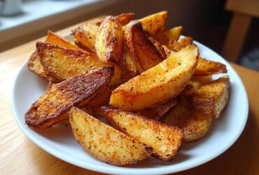 A close-up of golden brown, seasoned Oven-Baked Potato Wedges piled high on a white plate.