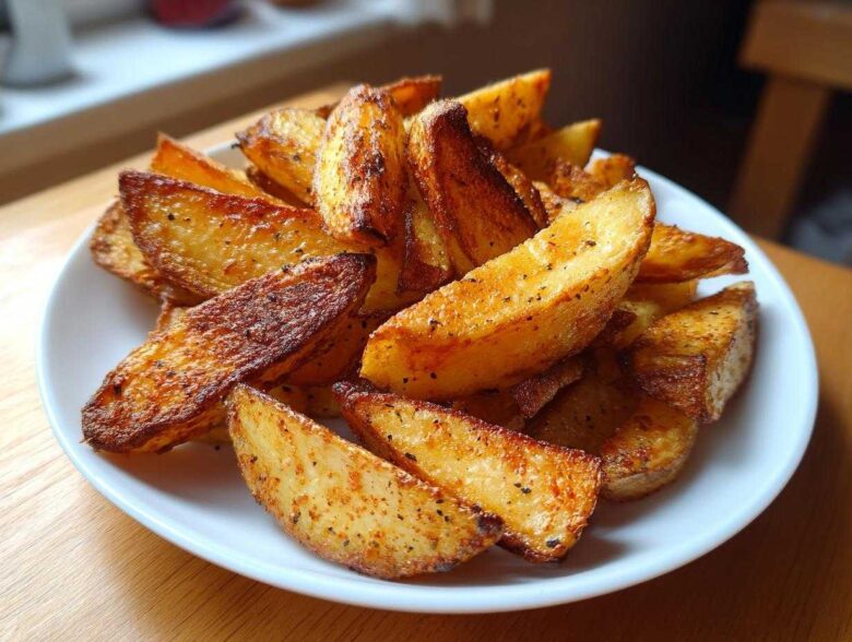 A close-up of golden brown, seasoned Oven-Baked Potato Wedges piled high on a white plate.