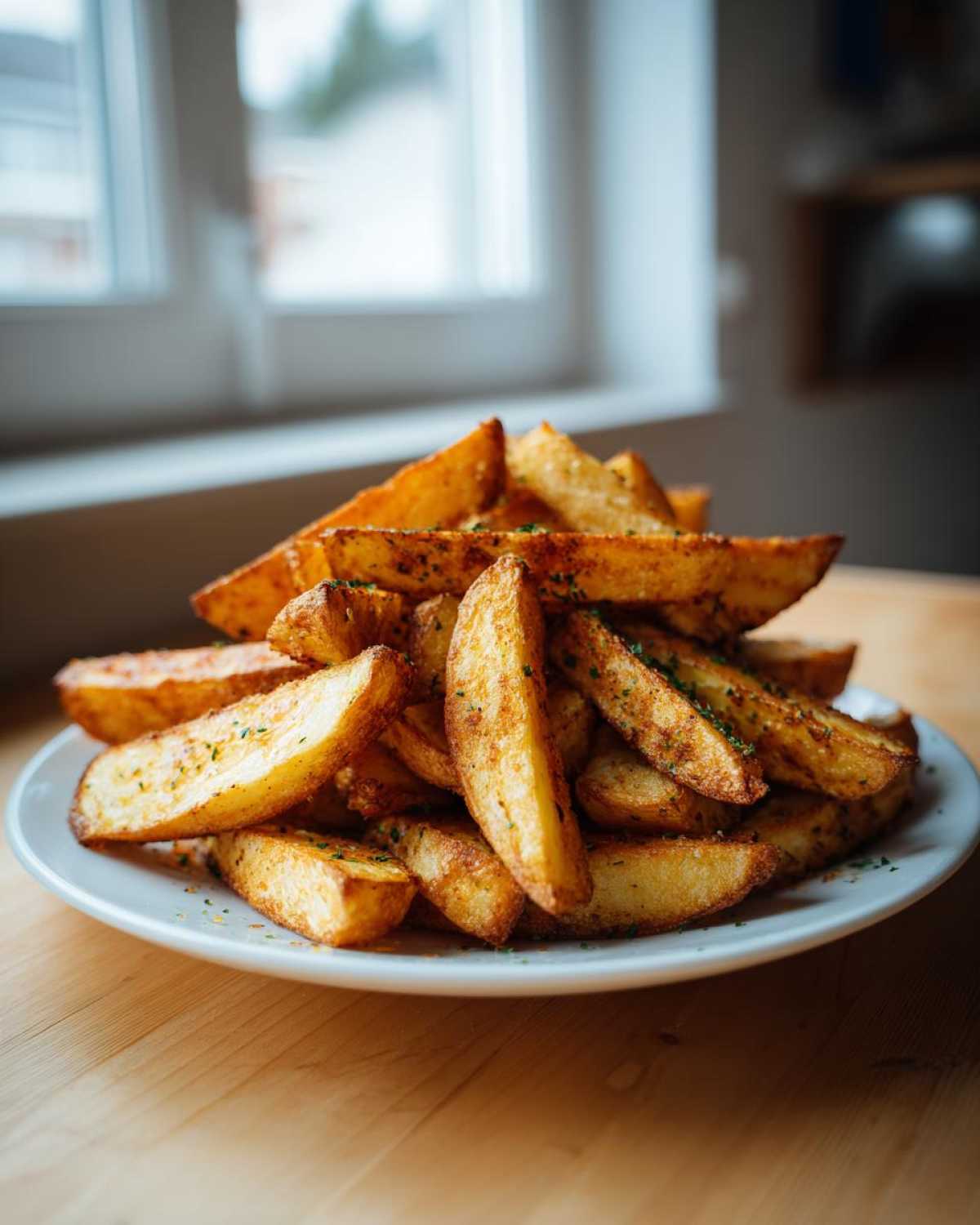 A generous pile of golden, seasoned Oven-Baked Potato Wedges served on a white plate.
