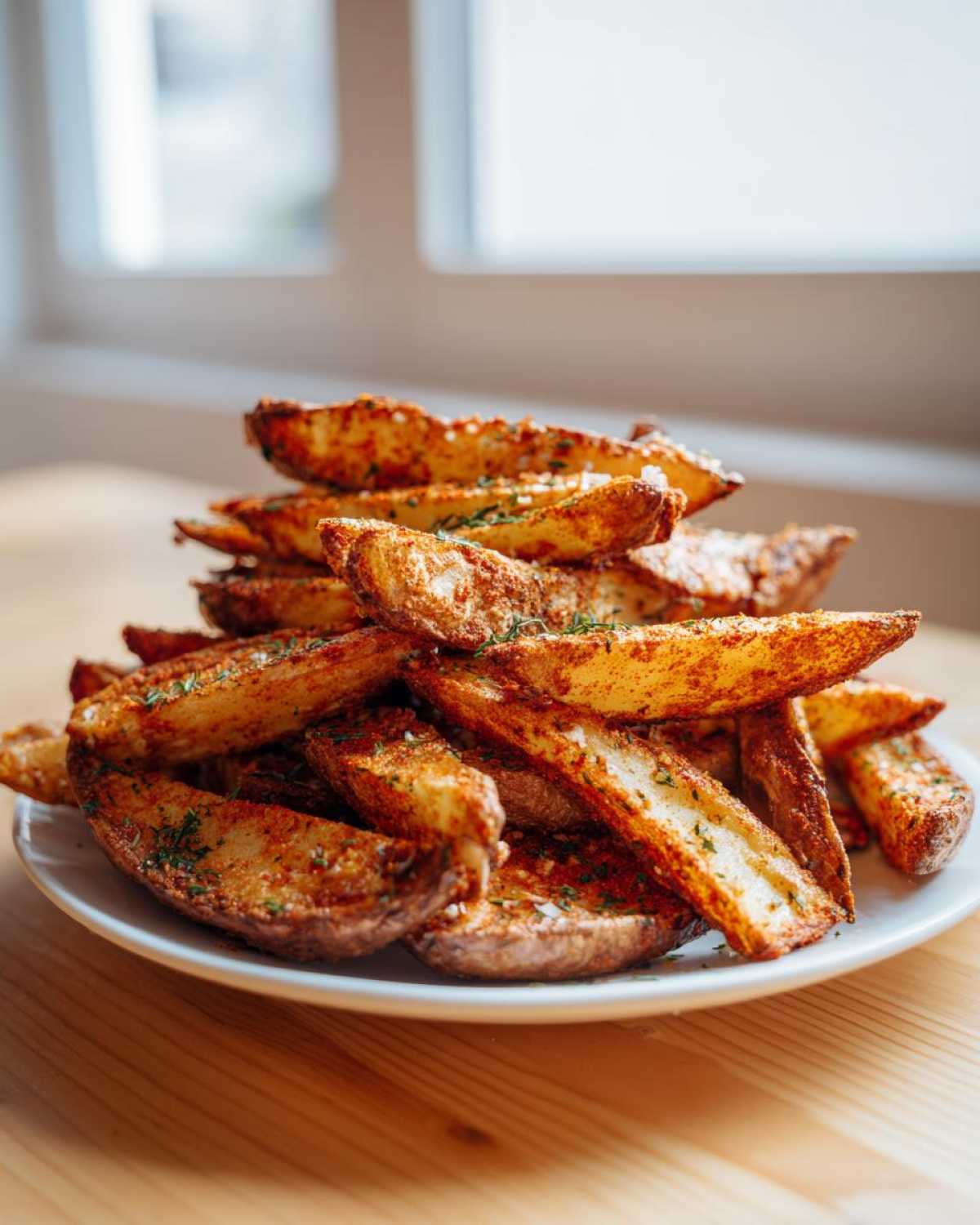 A tall stack of golden, seasoned Oven-Baked Potato Wedges piled high on a white plate.