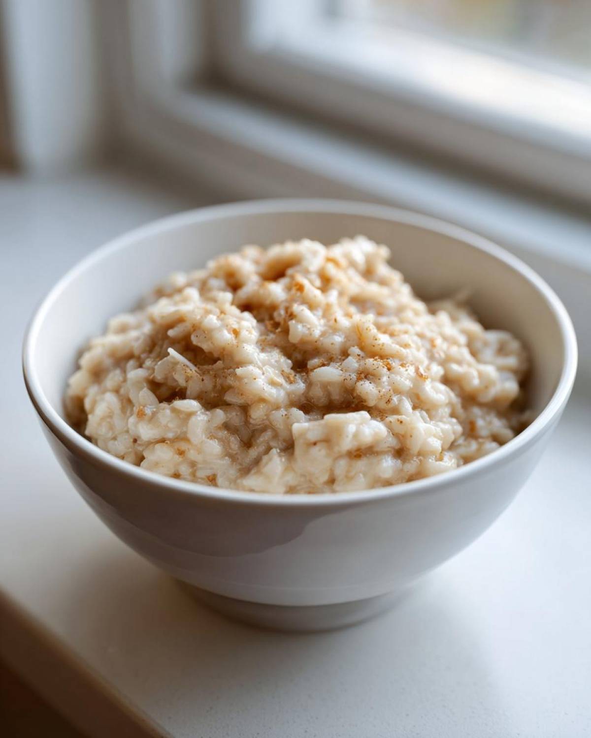A close-up of creamy Parmesan Risotto served in a white bowl, lightly dusted with spice.