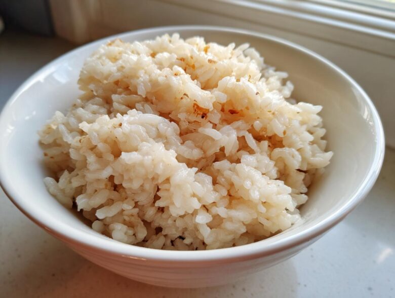 Close-up of creamy Parmesan Risotto served in a white bowl, showing the texture of the rice.