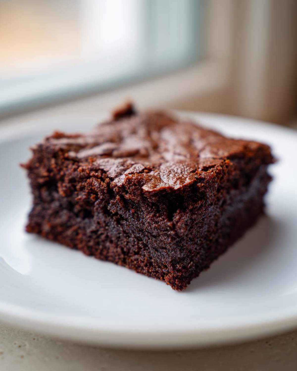 Close-up of a rich, dark chocolate slice of Protein Brownie with a crackly top, served on a white plate.