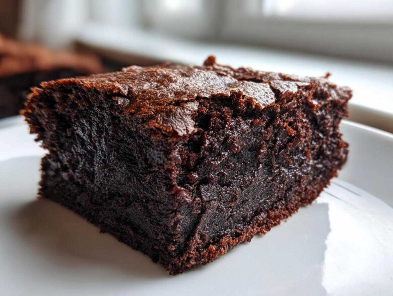 Close-up of a rich, dark chocolate slice of Protein Brownie showing a moist interior and shiny, cracked top.