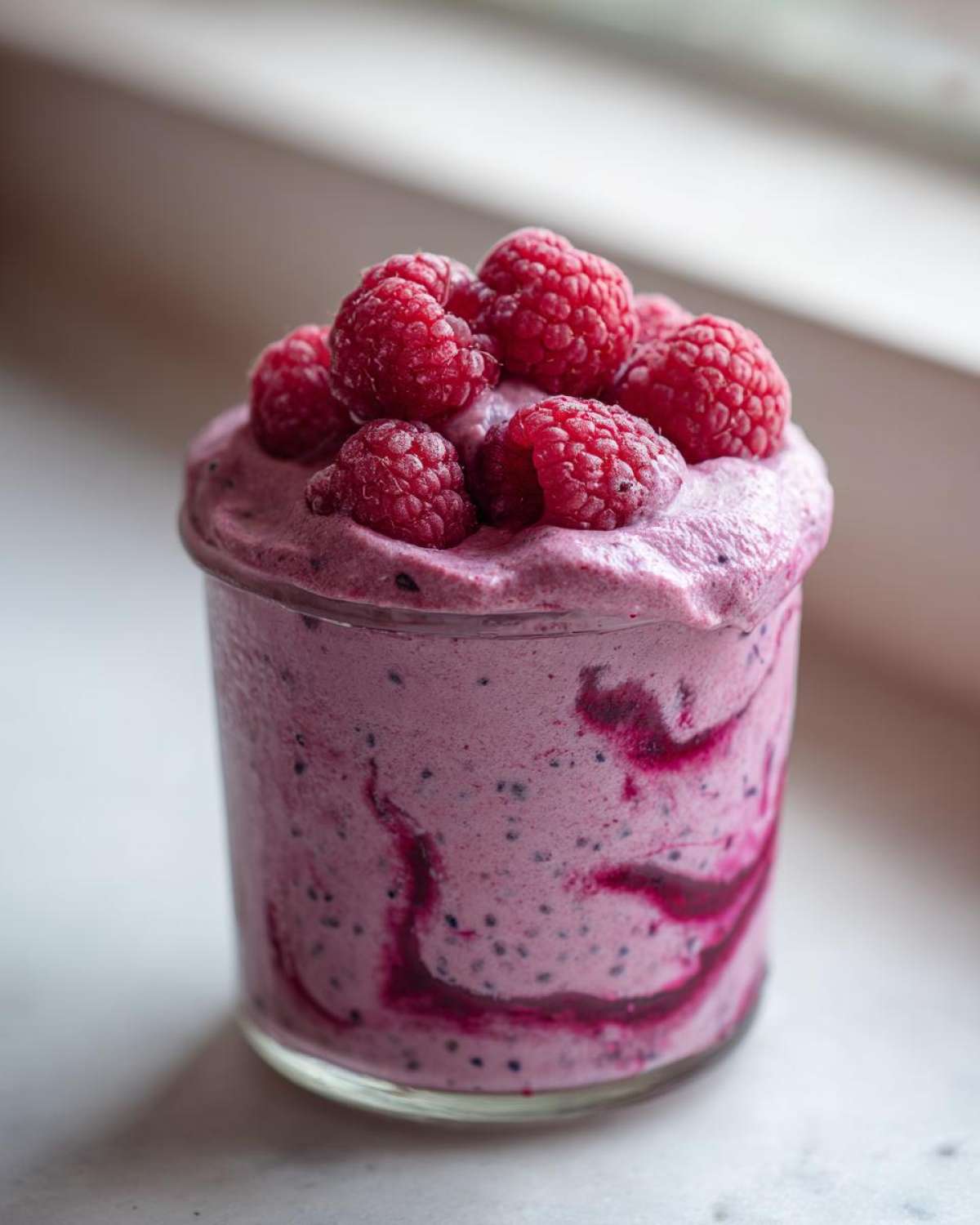 A glass jar filled with thick, purple Raspberry Chia Seed Pudding, topped with fresh raspberries.