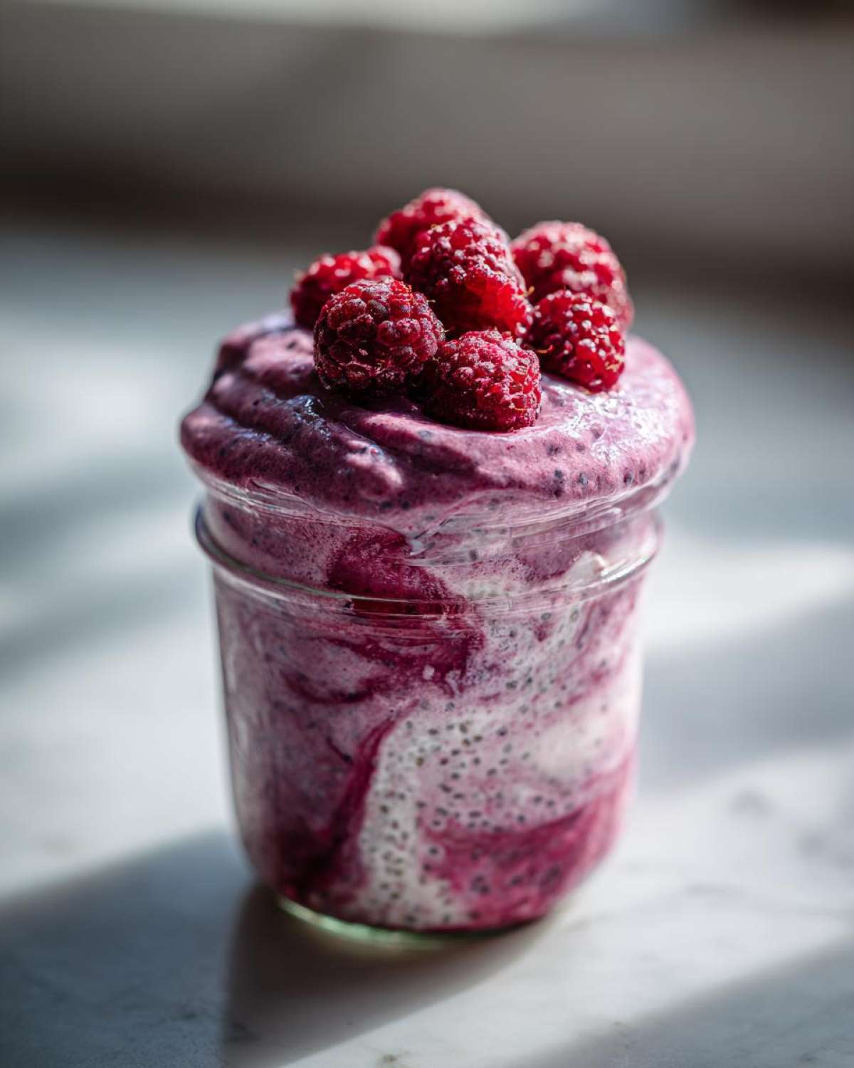 Close-up of Raspberry Chia Seed Pudding layered with raspberry puree and topped with fresh raspberries in a glass jar.