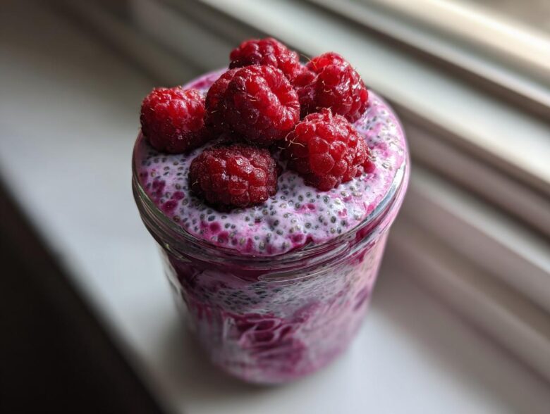 Close-up of Raspberry Chia Seed Pudding in a jar, topped with whole fresh raspberries.