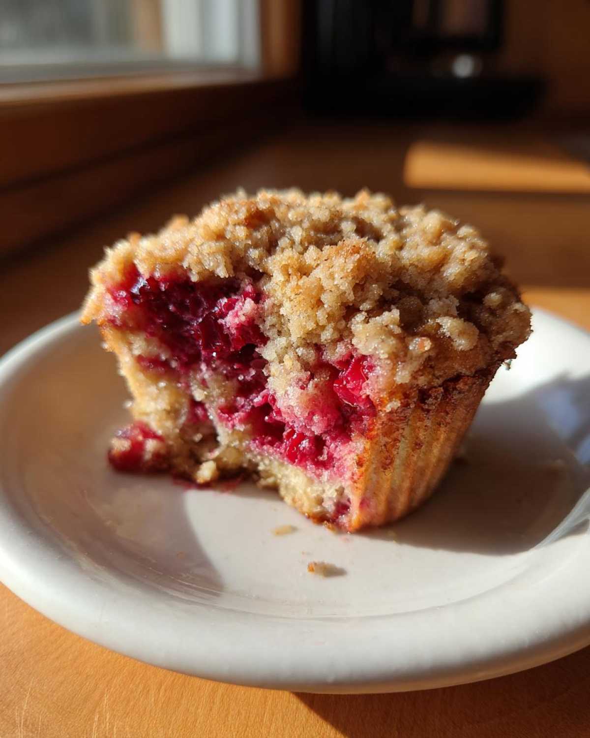 A close-up view of a Raspberry Streusel Muffins with a bite taken out, showing the bright red raspberries inside and crumb topping.