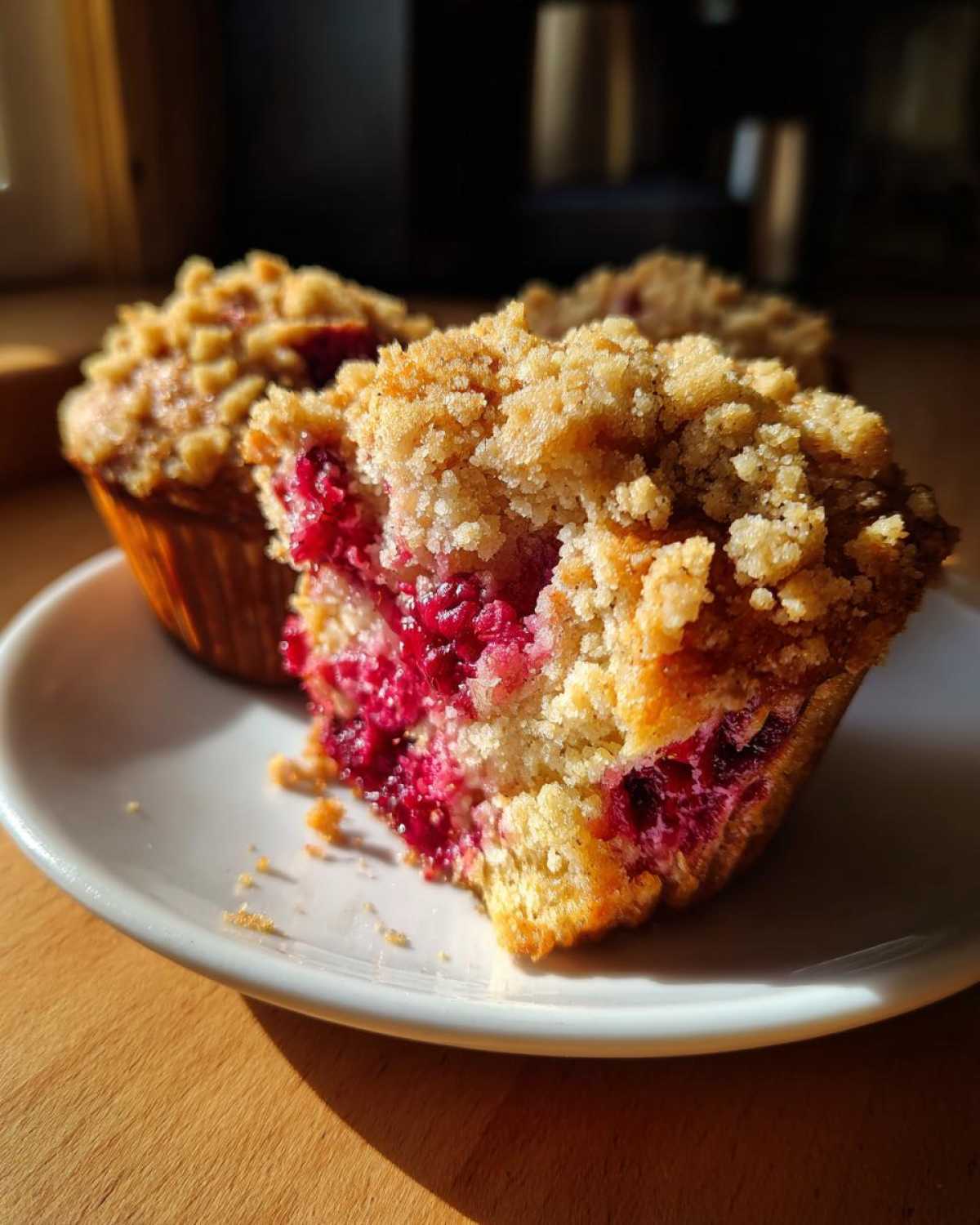 A close-up of a Raspberry Streusel Muffin, broken open to show the juicy raspberries inside and the thick, golden streusel topping.