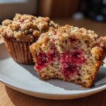 Close-up of a Raspberry Streusel Muffin cut in half showing the moist interior and bright red raspberries.