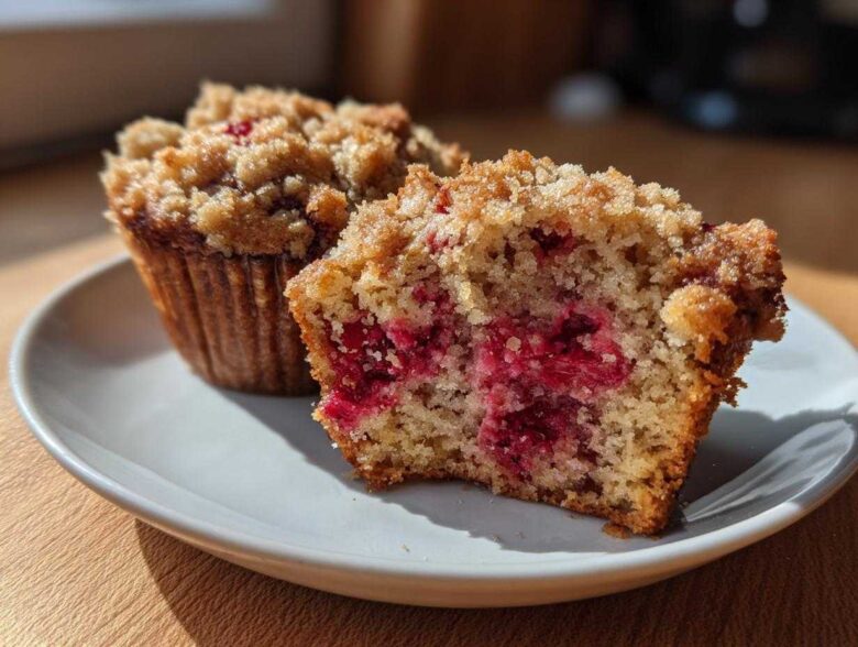Close-up of a Raspberry Streusel Muffin cut in half showing the moist interior and bright red raspberries.