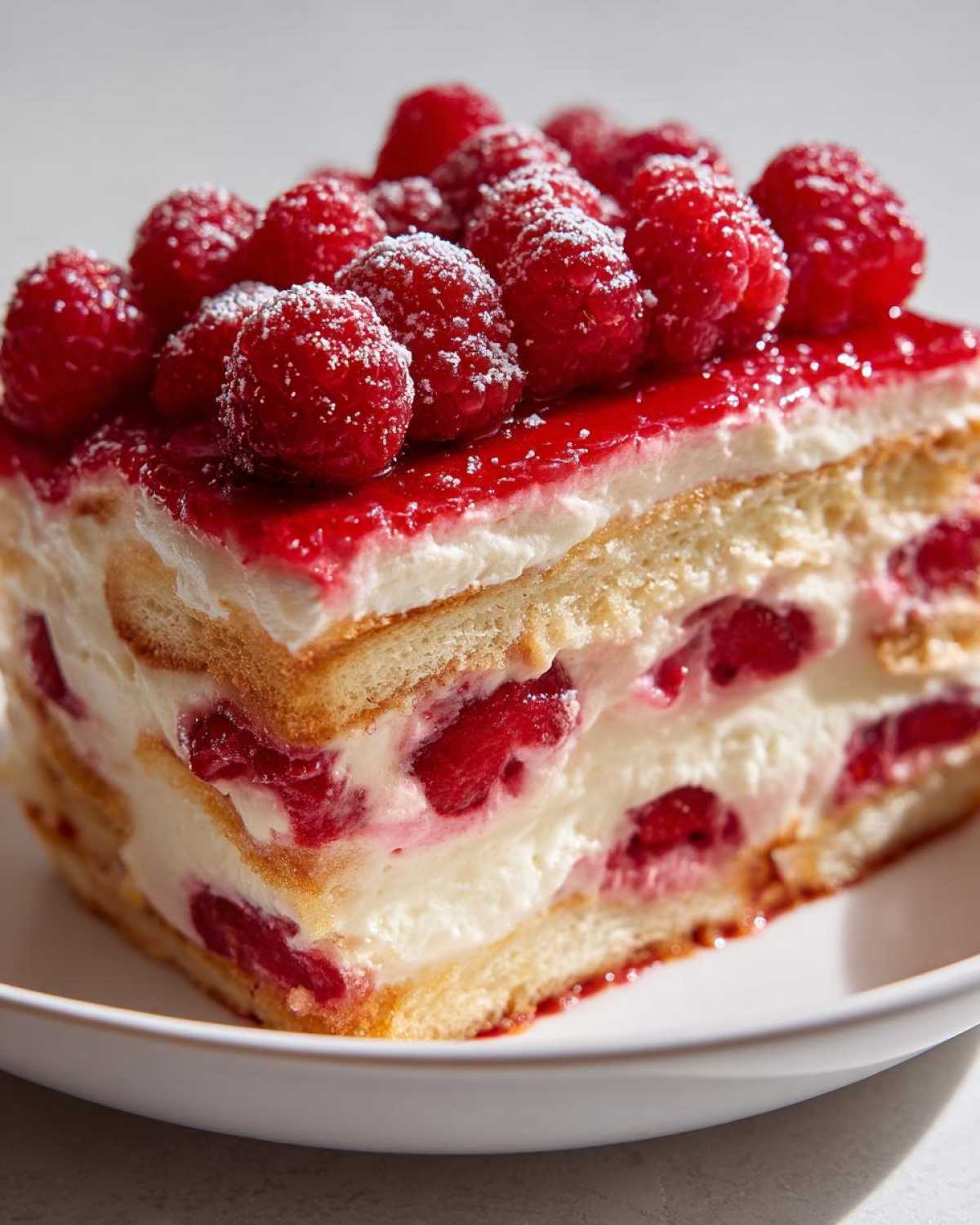 Close-up of a layered slice of Raspberry Tiramisu with cream, ladyfingers, and fresh raspberries dusted with powdered sugar.