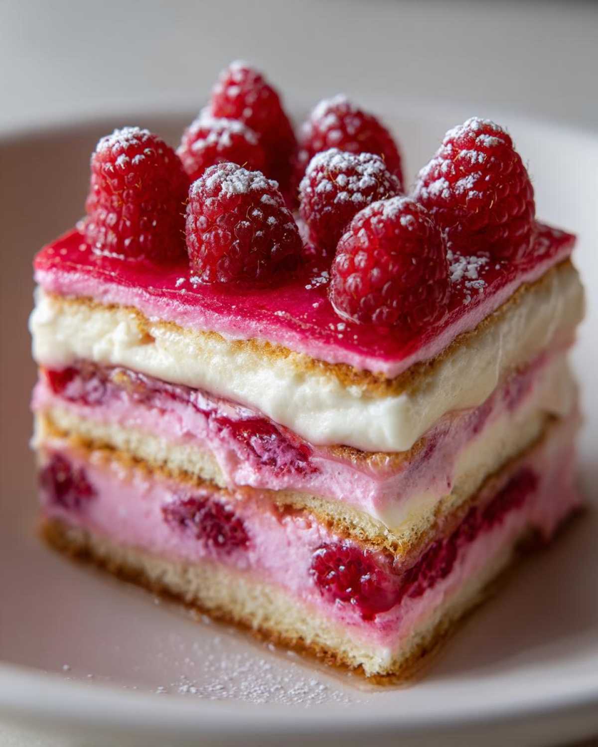 Close-up of a layered slice of Raspberry Tiramisu topped with fresh raspberries and powdered sugar.
