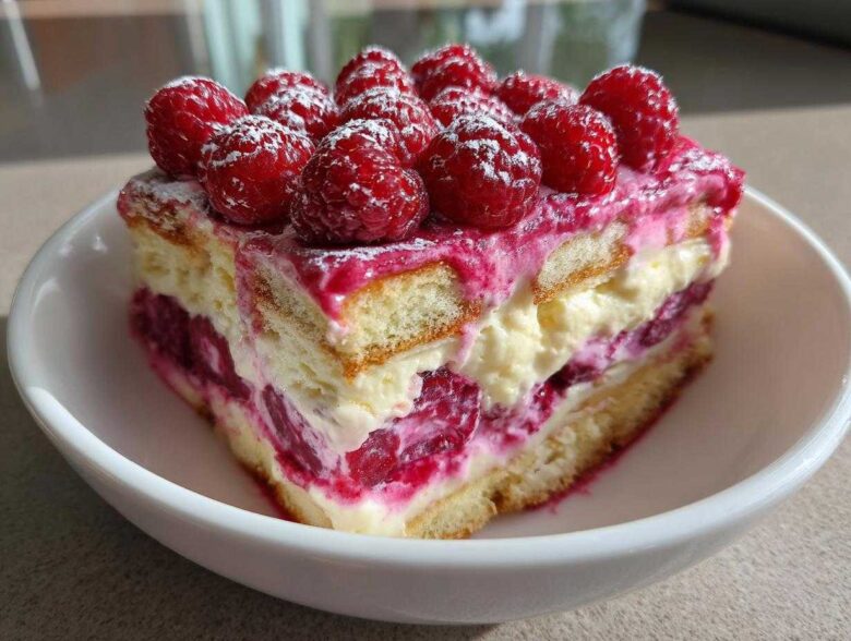 A decadent slice of Raspberry Tiramisu showing layers of ladyfingers, cream, and fruit, topped with fresh raspberries and powdered sugar.
