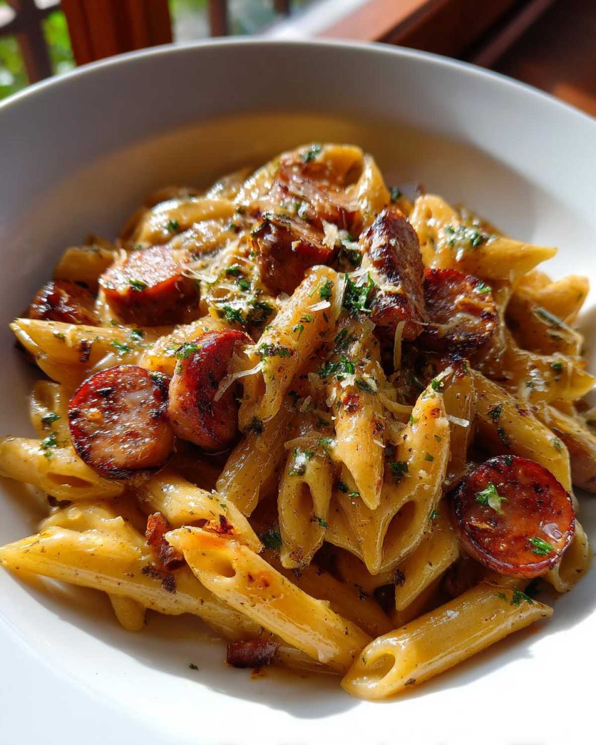 Close-up of penne pasta mixed with sliced smoked sausage in a sticky garlic butter sauce, topped with Parmesan and parsley.