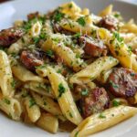 Close-up of Smoky Parmesan Sausage Pasta Skillet featuring penne pasta, browned sausage slices, and a creamy garlic butter sauce.