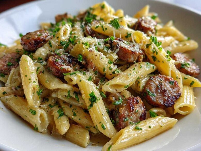 Close-up of Smoky Parmesan Sausage Pasta Skillet featuring penne pasta, browned sausage slices, and a creamy garlic butter sauce.