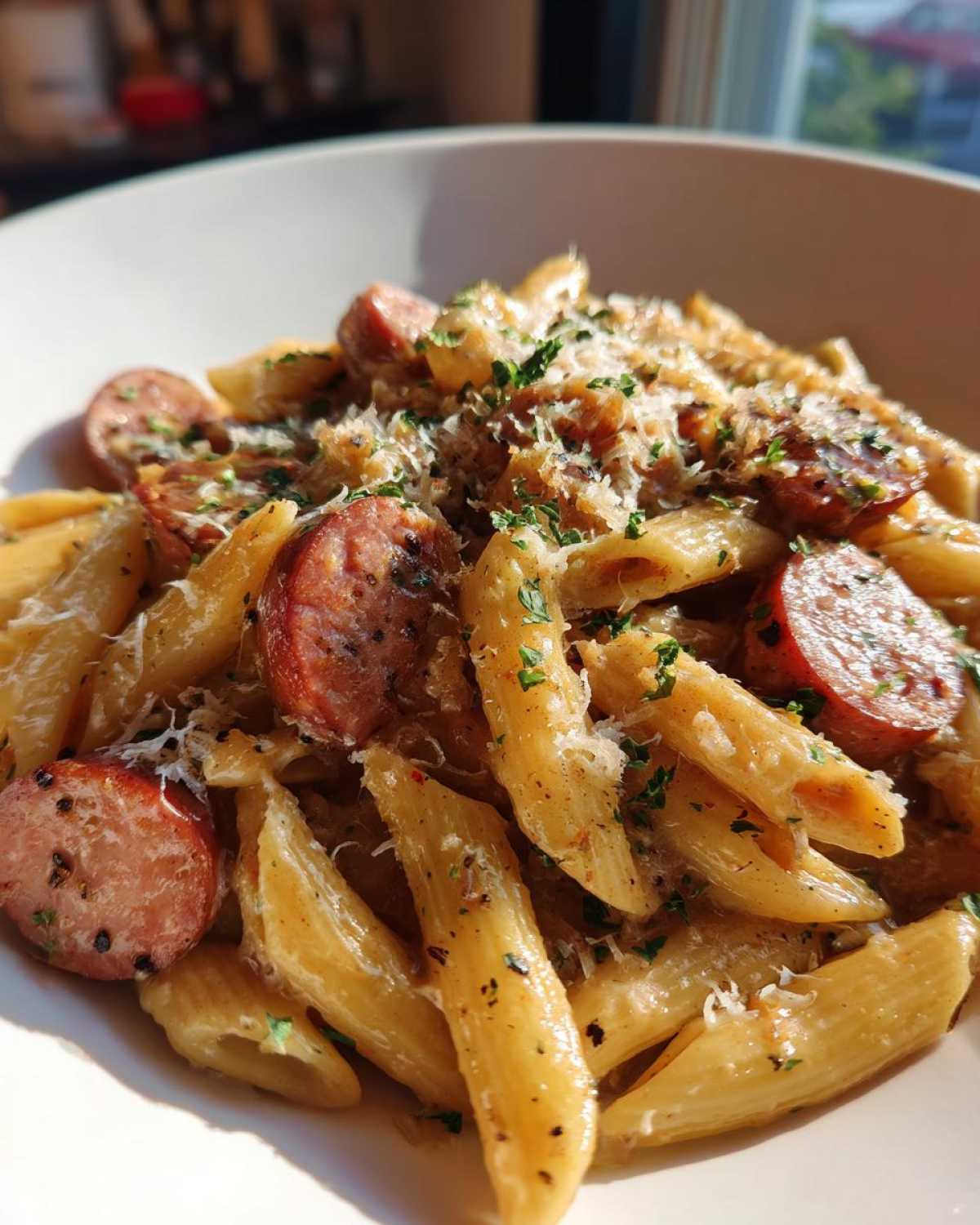 Close-up of Smoky Parmesan Sausage Pasta Skillet featuring penne pasta, sliced sausage, and grated cheese.