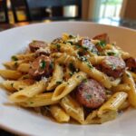 Close-up of penne pasta tossed with sliced smoked sausage in a sticky garlic butter sauce, topped with Parmesan and parsley.
