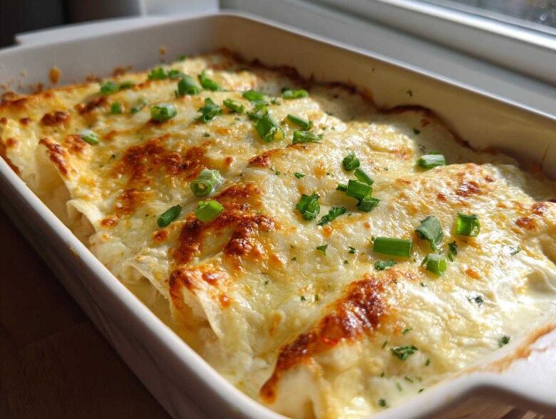 Close-up of baked Sour Cream Chicken Enchiladas covered in bubbly, melted white cheese and green onions.