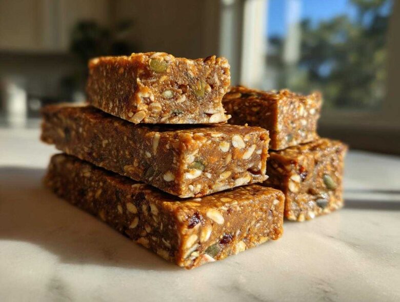 A stack of homemade, dense High-Protein Energy Bars packed with visible nuts and seeds, set against a bright, sunlit background.