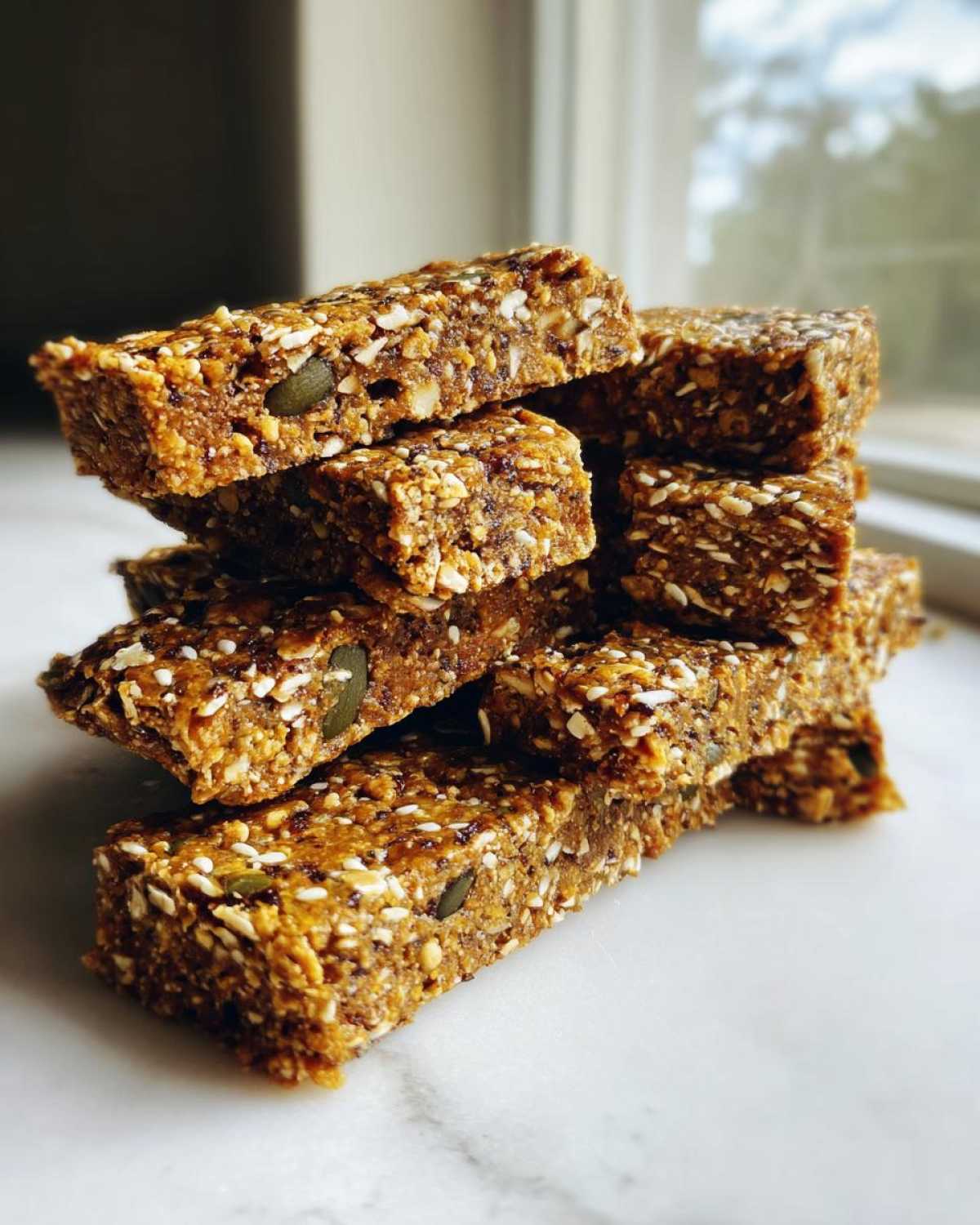 A stack of homemade High-Protein Energy Bars packed with visible seeds and nuts on a white marble surface.