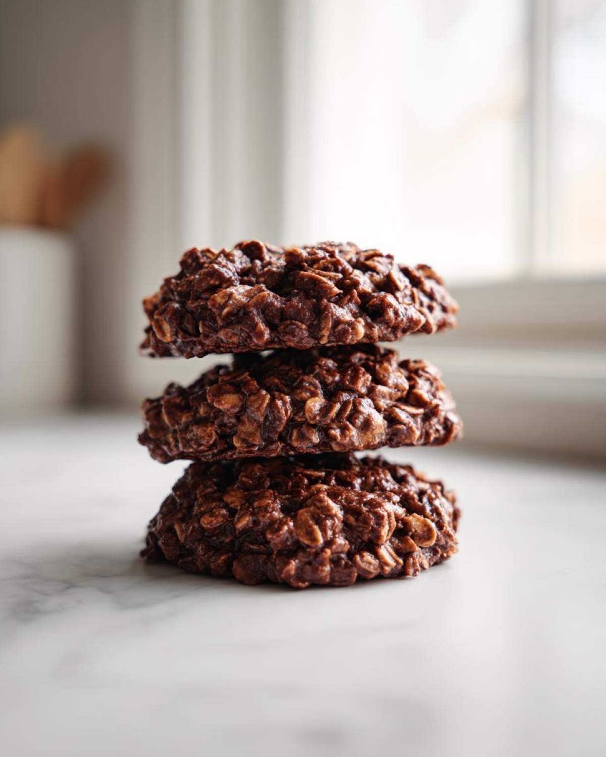 Three rich, dark No-Bake Chocolate Oatmeal Cookies stacked vertically on a white marble surface.