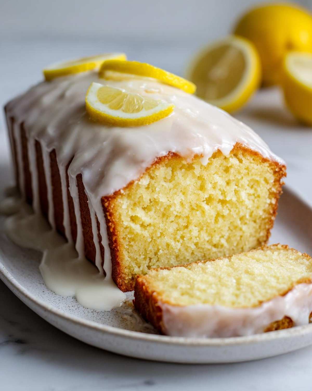 A moist Starbucks Lemon Loaf, drizzled with white icing and topped with lemon slices, with one slice cut off.