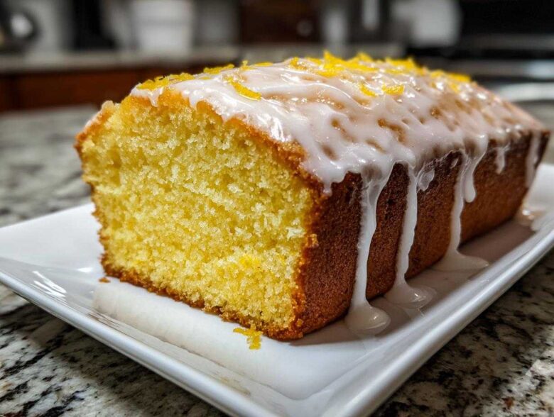 A close-up of a freshly baked Starbucks Lemon Loaf, featuring a thick, dripping lemon glaze and bright zest topping.
