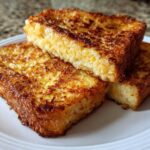 Three thick slices of golden brown French toast stacked on a white plate, showing a fluffy interior.