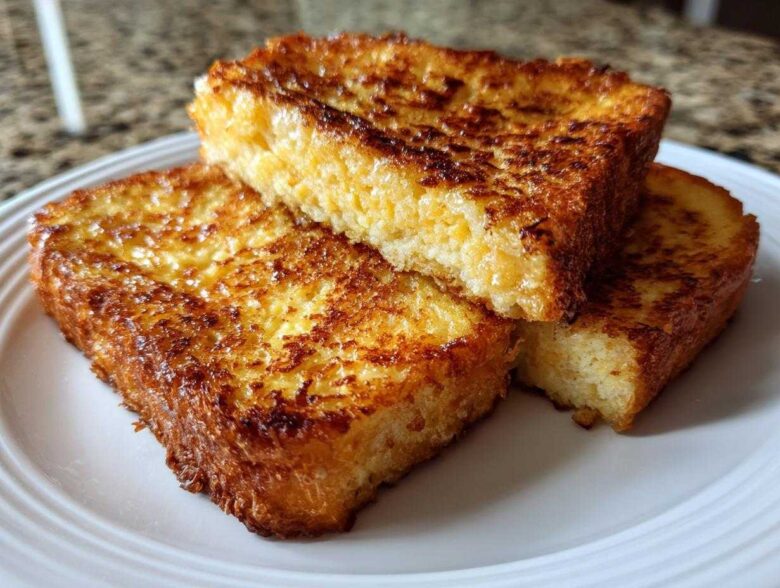 Three thick slices of golden brown French toast stacked on a white plate, showing a fluffy interior.