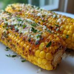 Close-up of two golden, charred ears of Air Fryer Corn topped with grated cheese and fresh parsley.