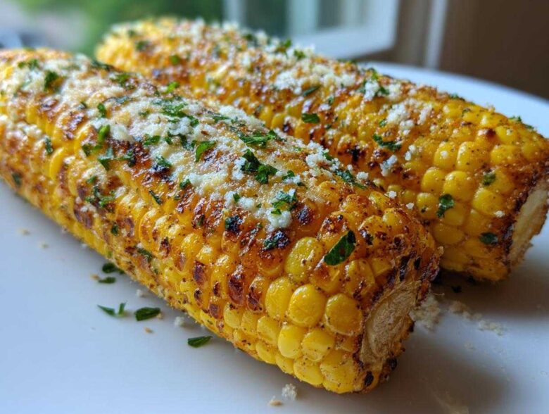 Close-up of two golden, charred ears of Air Fryer Corn topped with grated cheese and fresh parsley.