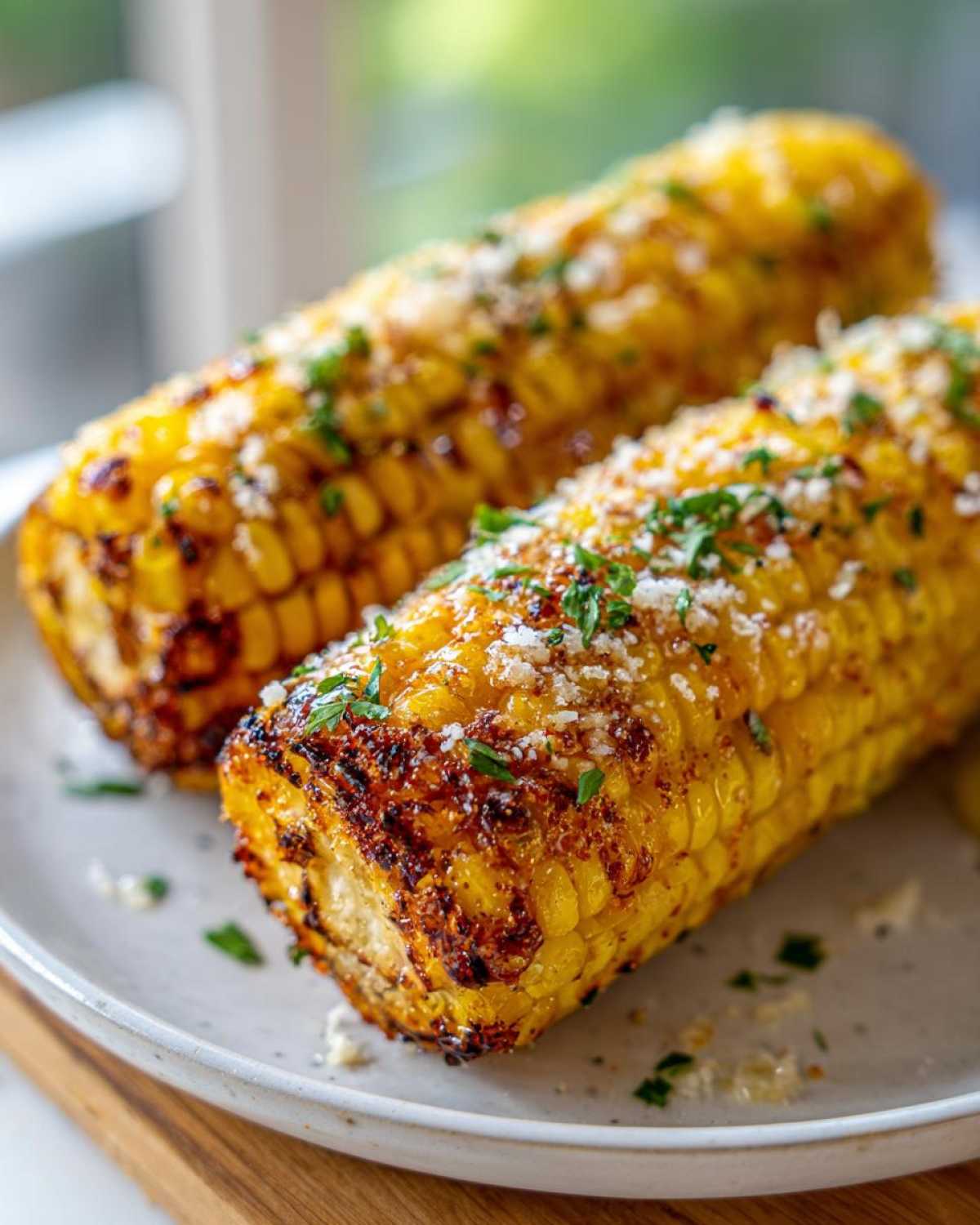 Two ears of perfectly cooked Air Fryer Corn topped with melted butter, grated Parmesan cheese, and fresh parsley.