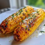 Two golden brown ears of Air Fryer Corn topped with grated cheese and fresh parsley on a white plate.