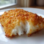 Close-up of a flaky piece of Air Fryer Crispy Cod showing its bright white interior and golden, crunchy breading.