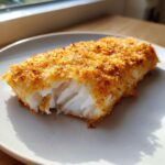 Close-up of a flaky white cod fillet with a golden brown, crispy coating made using the Air Fryer Crispy Cod method.
