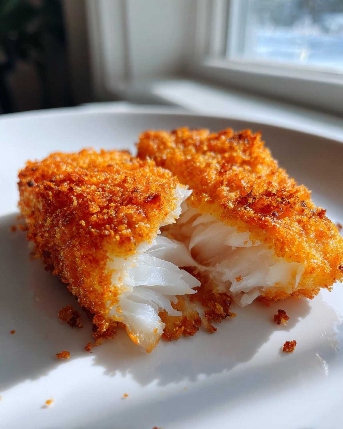 Two pieces of Air Fryer Crispy Cod showing a golden, crunchy exterior and flaky white interior on a white plate.