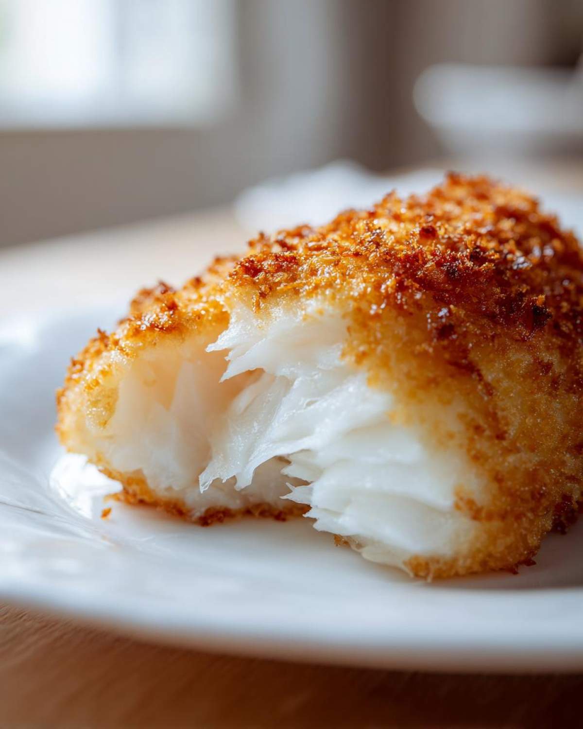 Close-up of a piece of Air Fryer Crispy Cod showing the flaky white interior and golden brown crust.