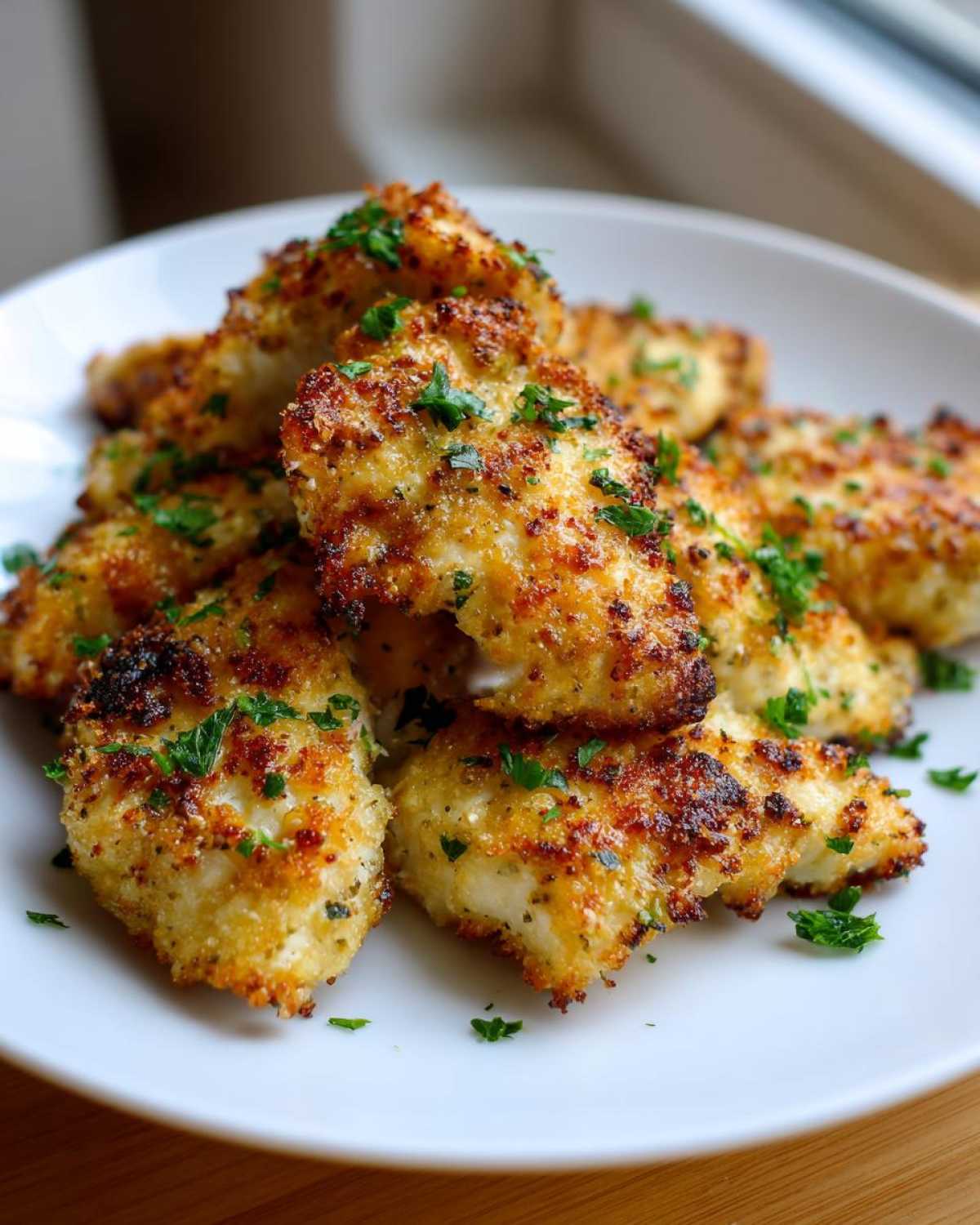 A pile of golden-brown, crispy Air Fryer Garlic Parmesan Chicken pieces garnished with fresh parsley on a white plate.