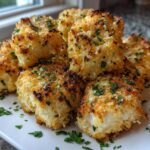 Close-up of golden brown, crispy Air Fryer Garlic Parmesan Chicken pieces garnished with parsley.